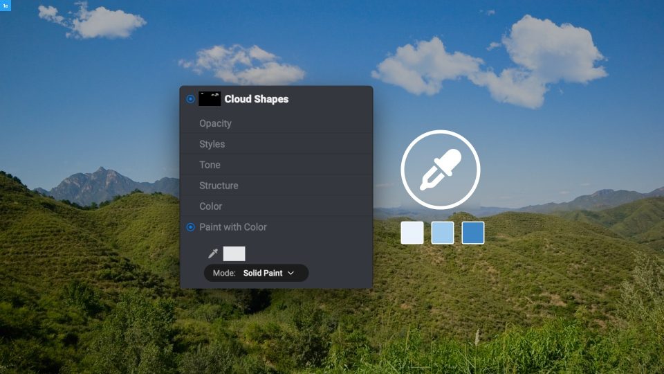 Cloud Shapes panel in ON1 Photo RAW 2026 with Color Droppers sampling sky tones over a mountain landscape