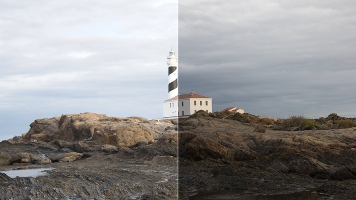 Before and after comparison of a lighthouse coastline edited with Local Adjustments in ON1 Photo RAW
