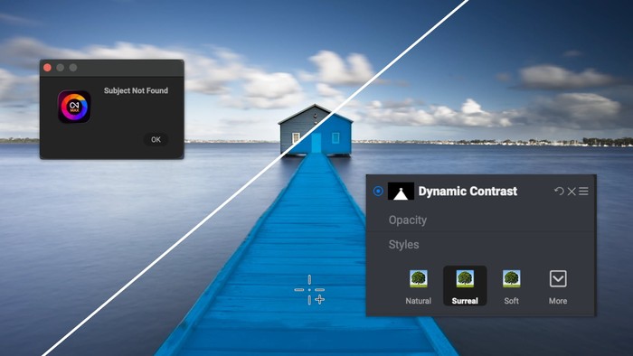 Subject Not Found message and Dynamic Contrast panel in ON1 Photo RAW over a dock and pier photo