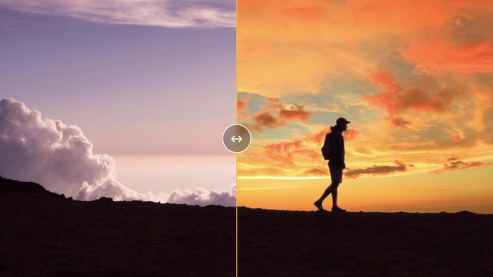 Before and after sky composite of a hiker at sunset created with Quick Mask AI and layers in ON1 Photo RAW