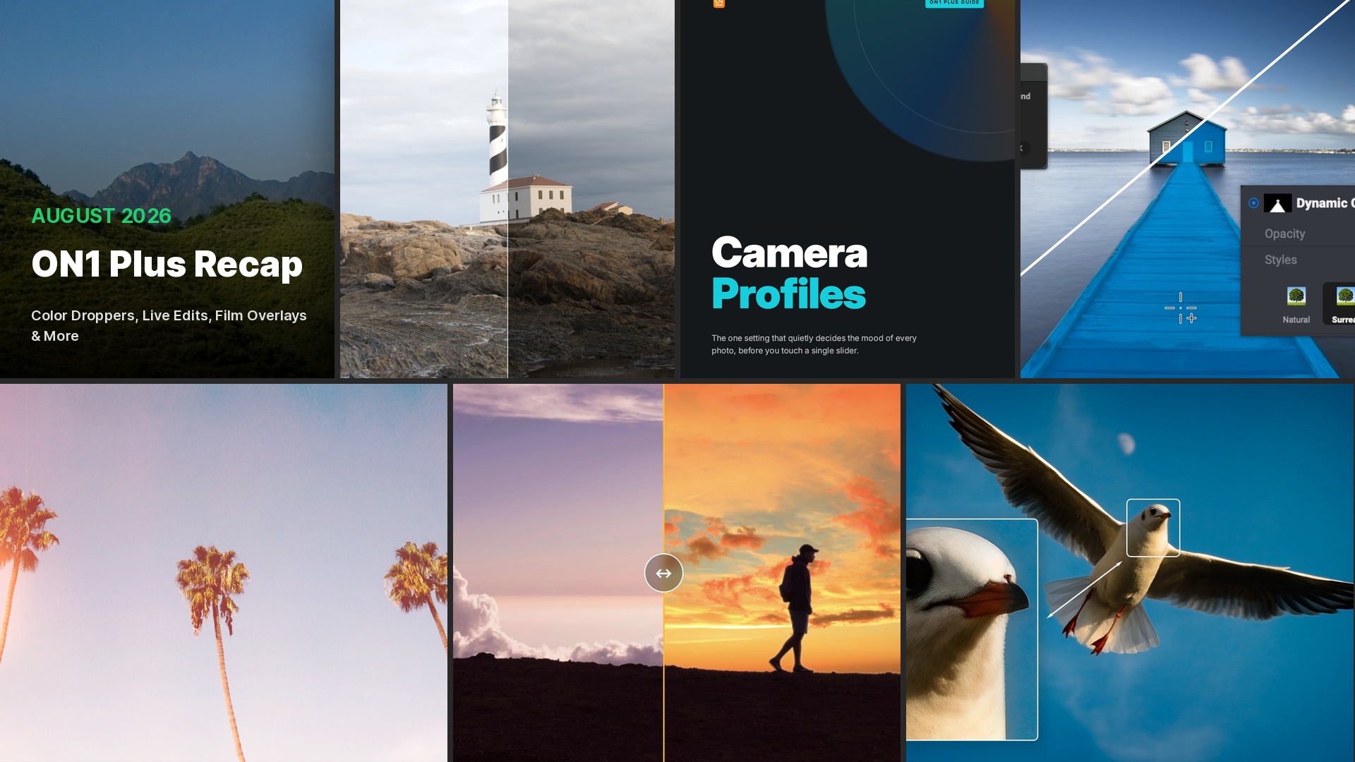 ON1 Photo RAW August 2026 Plus Recap collage featuring Color Droppers, Live Edits, and Film Overlays tutorials.