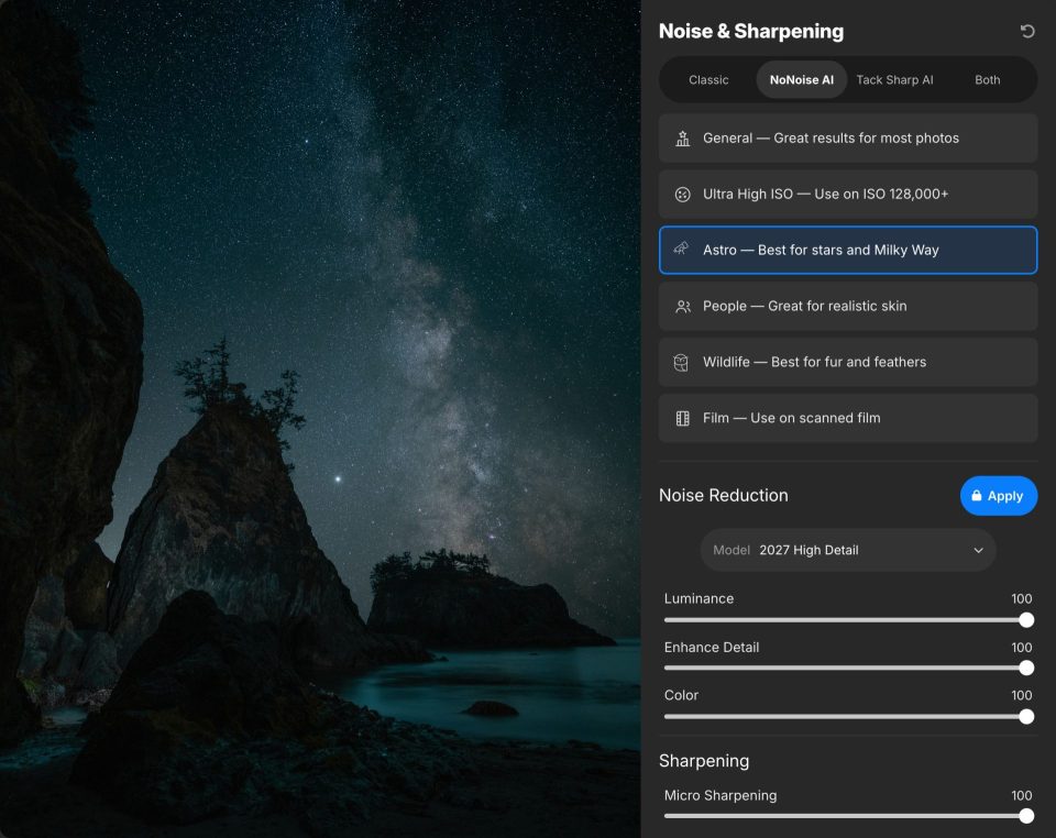 Astro AI model selected in ON1 NoNoise AI 2027 to reduce noise in a Milky Way photo above a rock sea stack