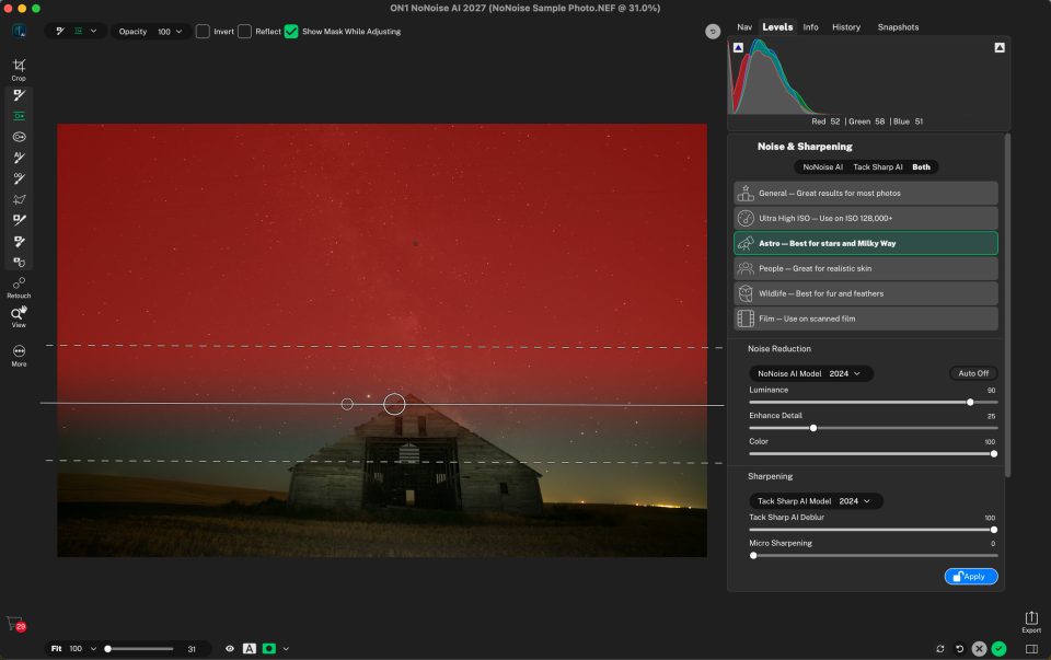 Foreground mask in ON1 NoNoise AI 2027 applying different noise reduction to the subject and background