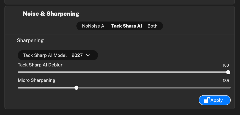 TackSharp AI 2027 model in the ON1 NoNoise AI Noise & Sharpening panel, with Detail and Micro Sharpening sliders
