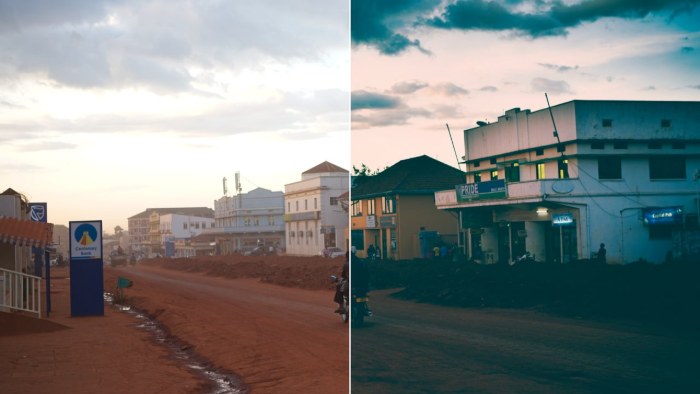 Before and after split of a street scene with a red dirt road and low buildings, the right side graded with cinematic teal shadows and a dramatic sky