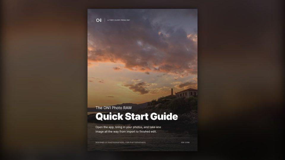 Cover of the free ON1 Photo RAW Quick Start Guide eBook, sunset clouds over a coastal village