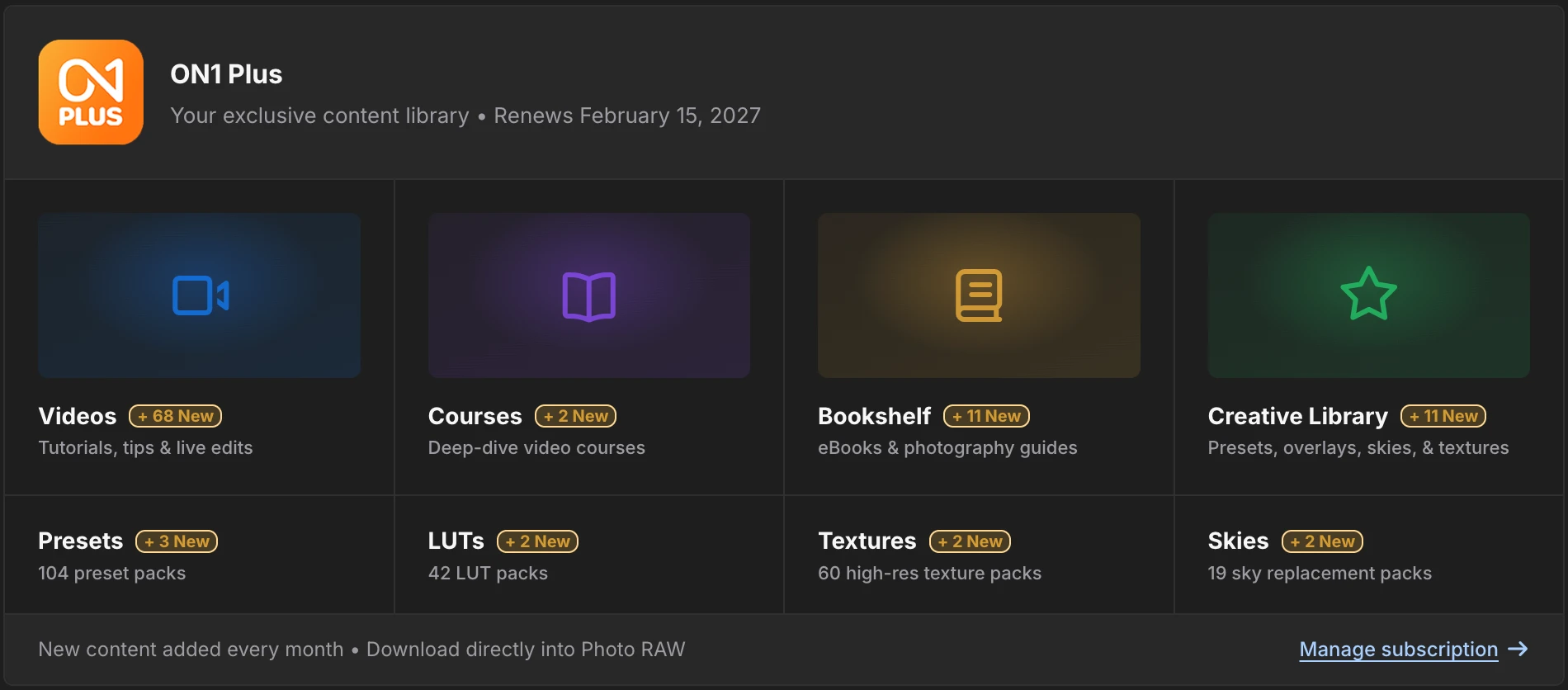 ON1 account dashboard showing the ON1 Plus library tiles with new-content badges