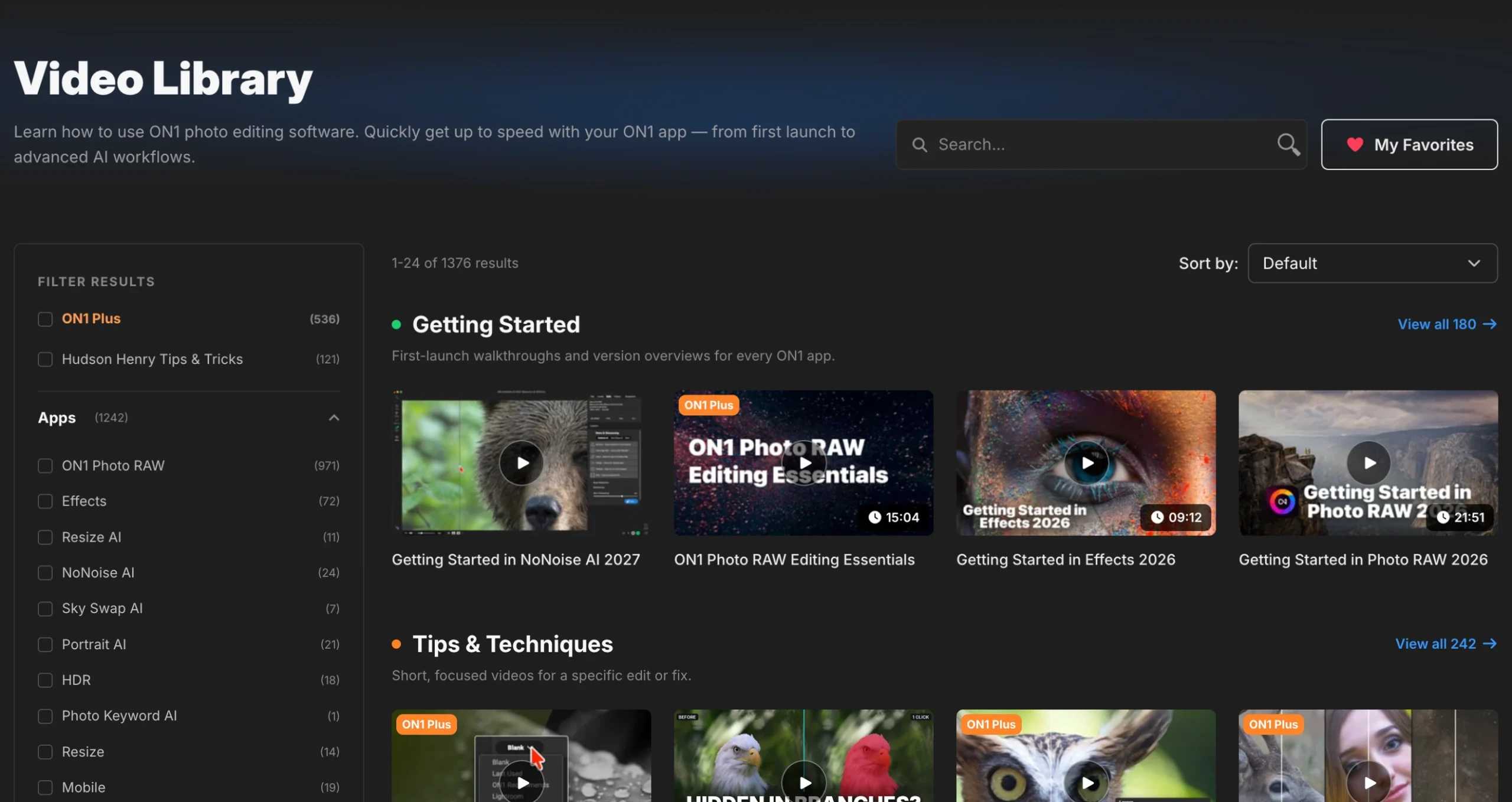 ON1 Video Library with open filters, search and browsable rows of tutorials