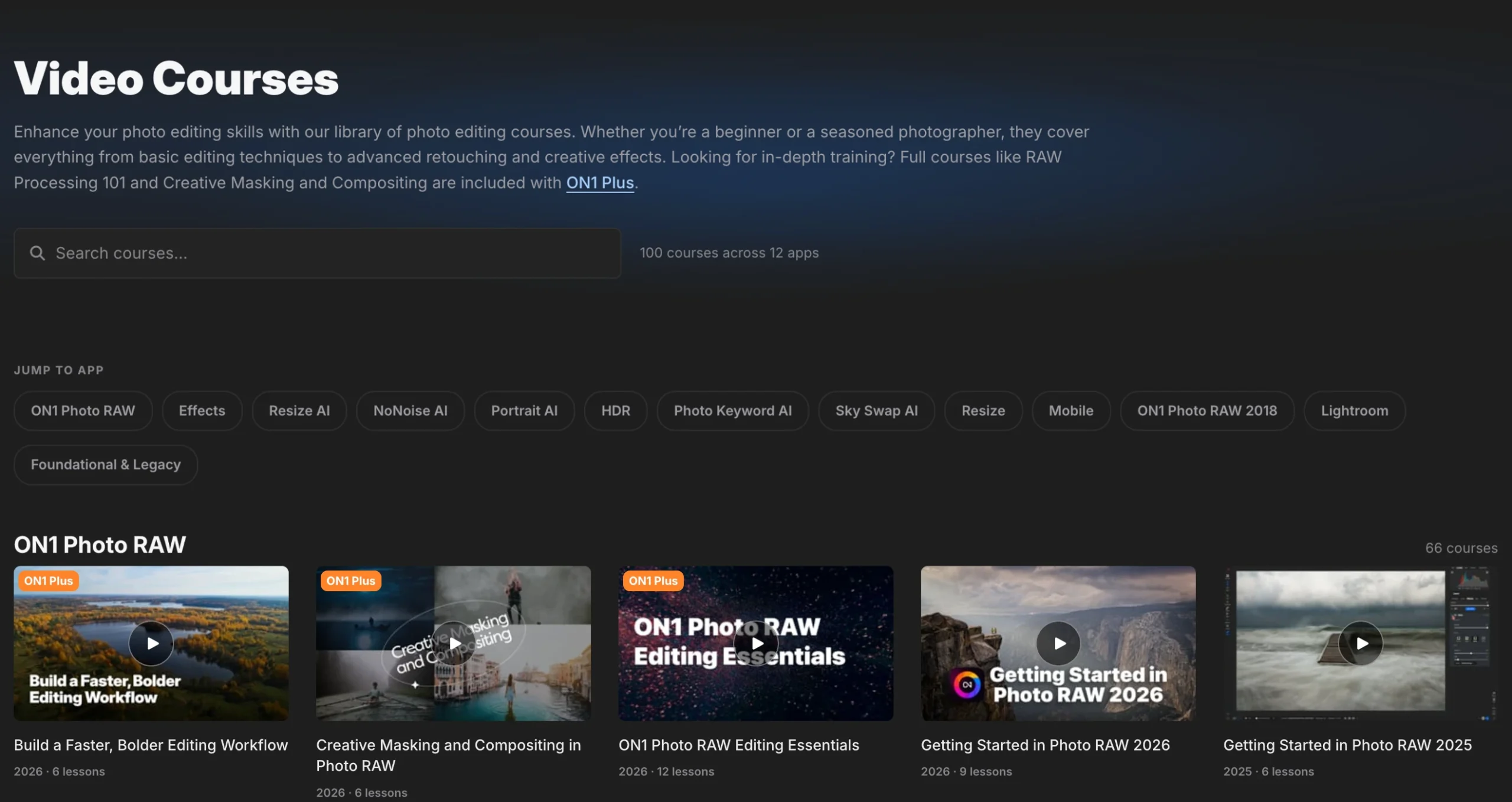 ON1 Video Courses page with course search and jump-to-app buttons