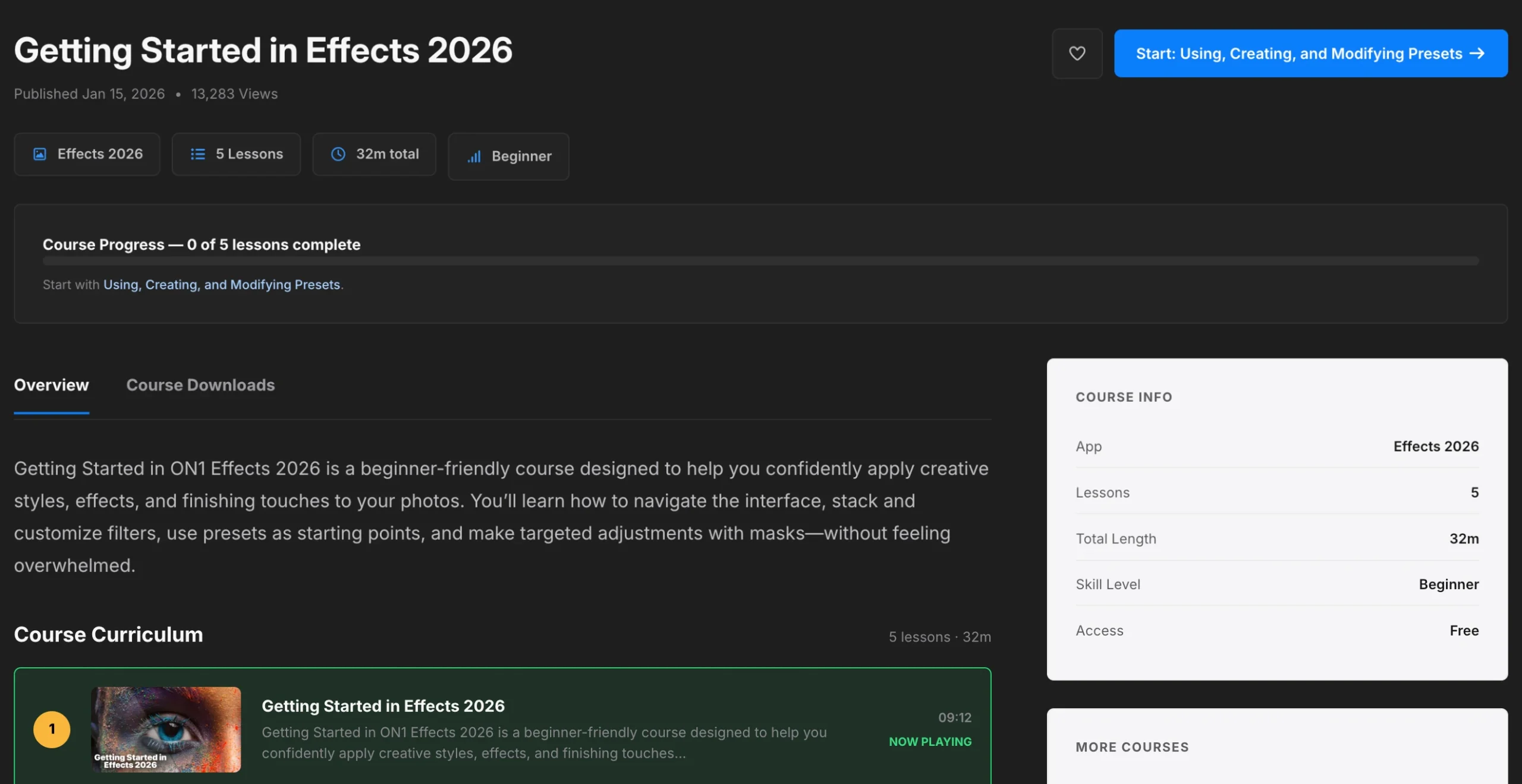 ON1 course page with lesson count, course progress, curriculum and course info