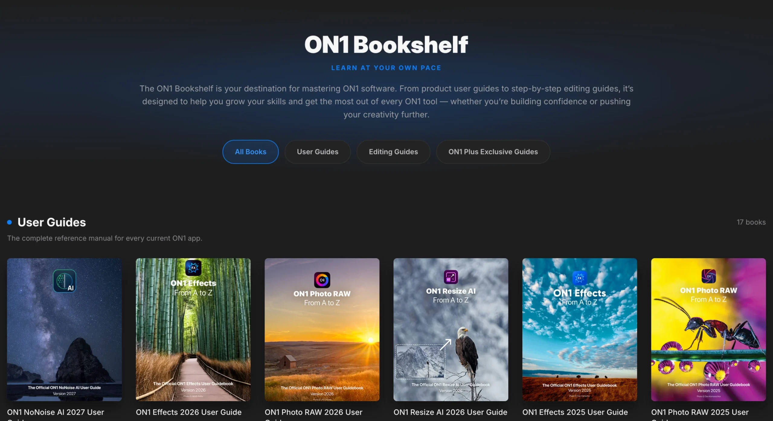 ON1 Bookshelf with category buttons and user guide covers