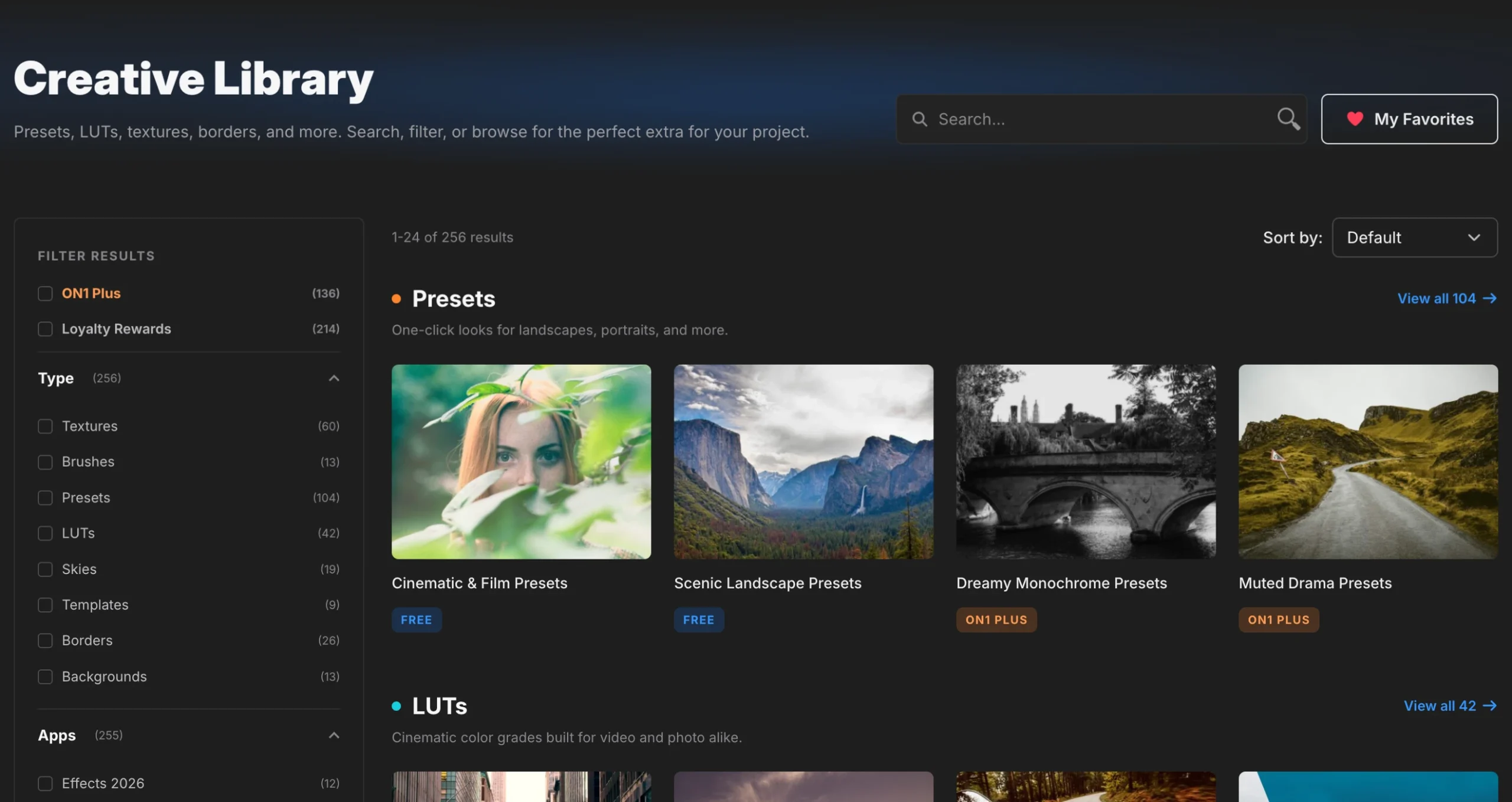 ON1 Creative Library with type filters and rows of presets