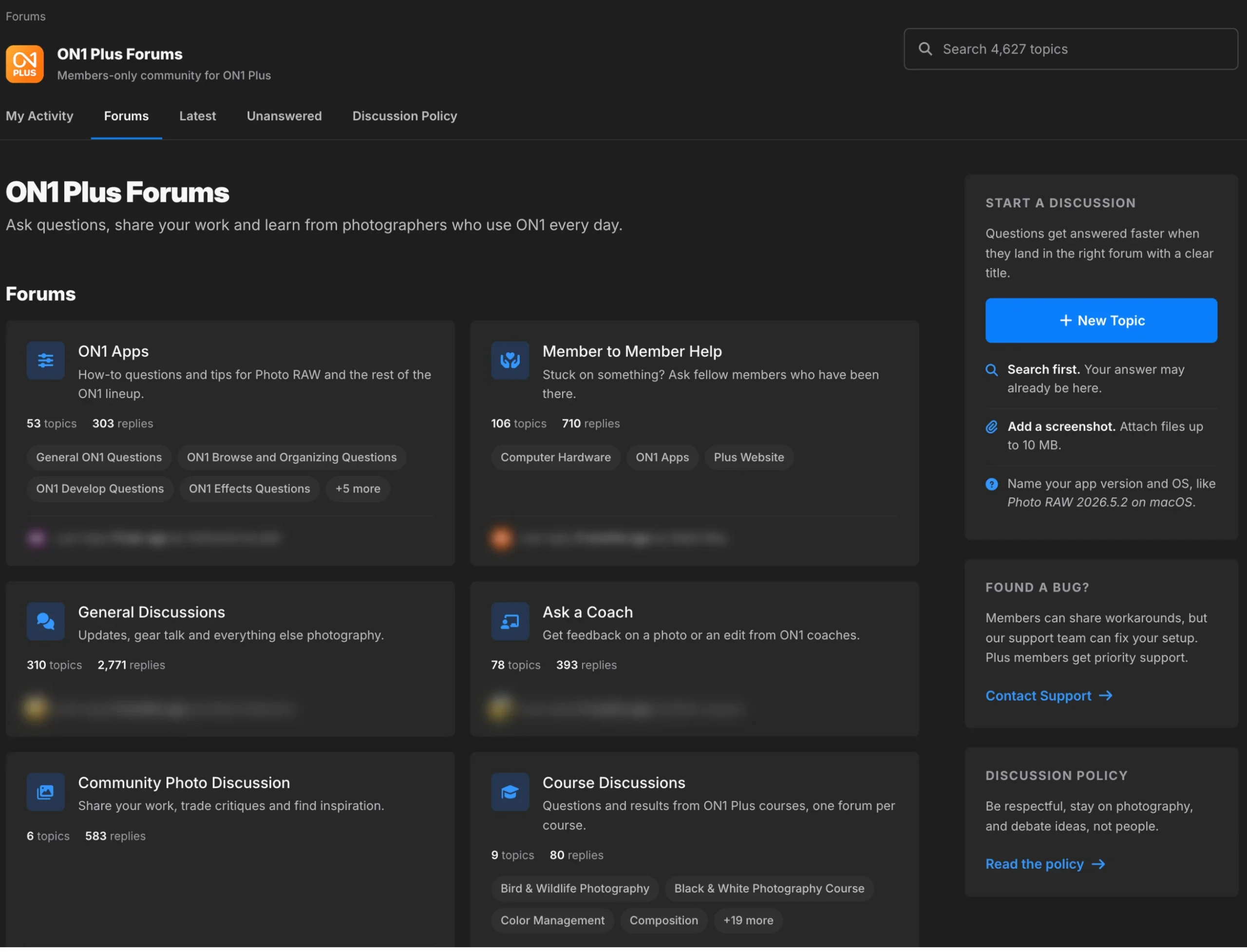 ON1 Plus Forums home with forum cards, tabs and posting tips