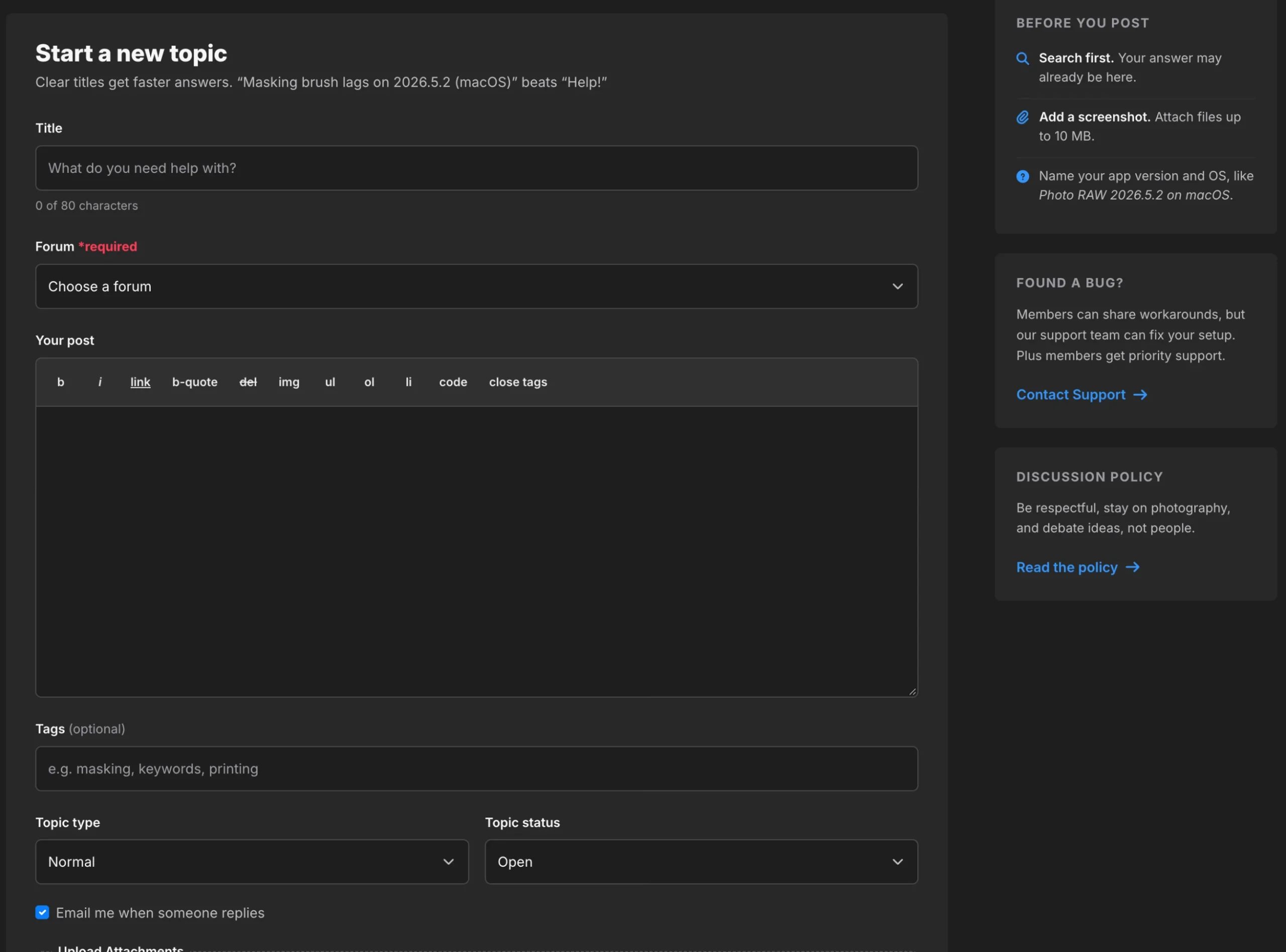 New Topic form with 80-character title counter, formatting toolbar and reply email option