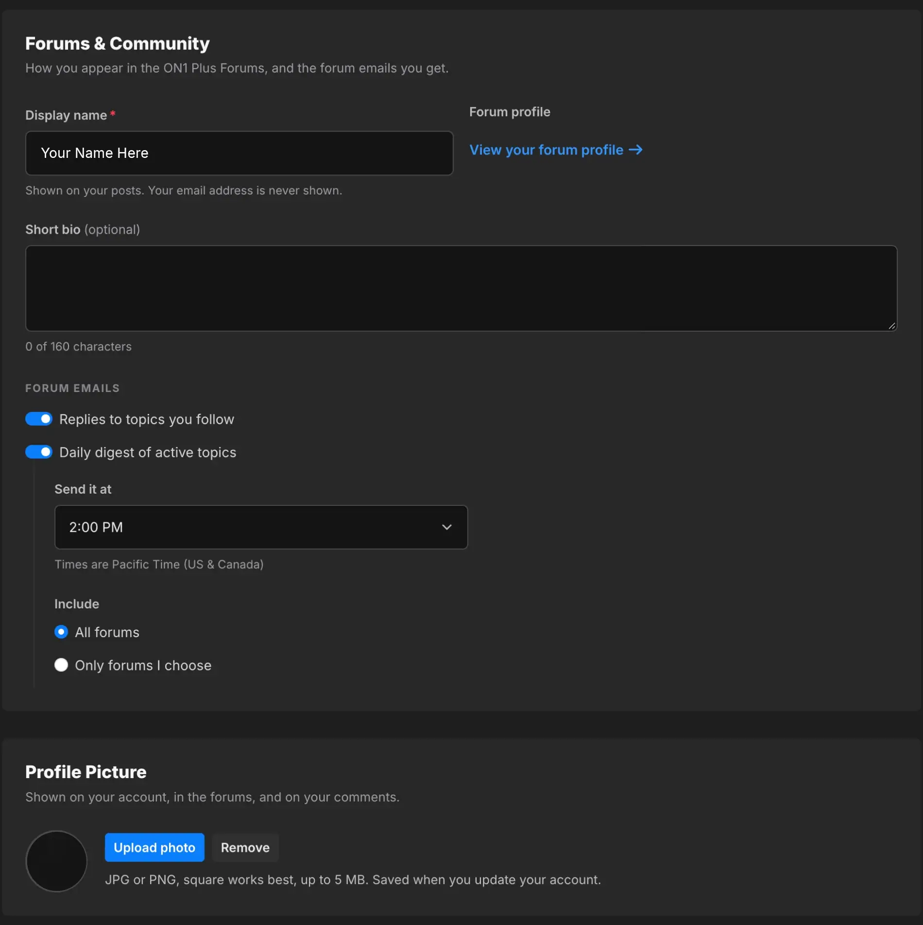 Forums and Community settings with daily digest time in Pacific Time