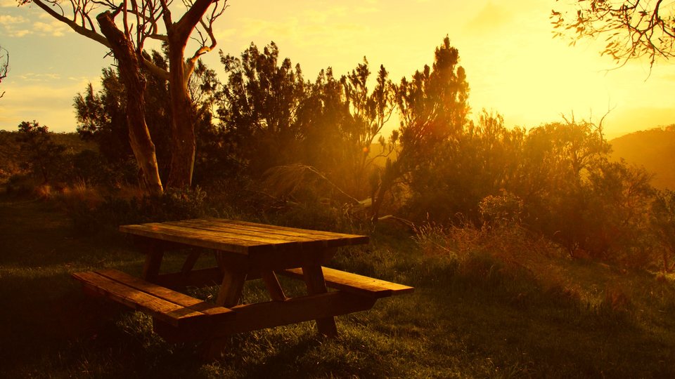 Same picnic table after the Golden Hour LUT, with a glowing golden sky and warm light